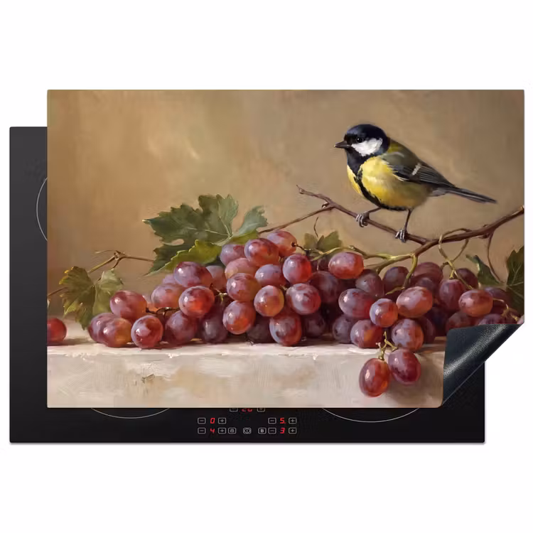 Induction Hob Cover - Bird - Grapes - Still Life - Vogel - Druiven - Stilleven Inductie beschermer vinyl 3mm klein