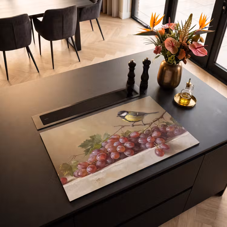 Induction Hob Cover - Bird - Grapes - Still Life - Vogel - Druiven - Stilleven Inductie beschermer vinyl 3mm klein