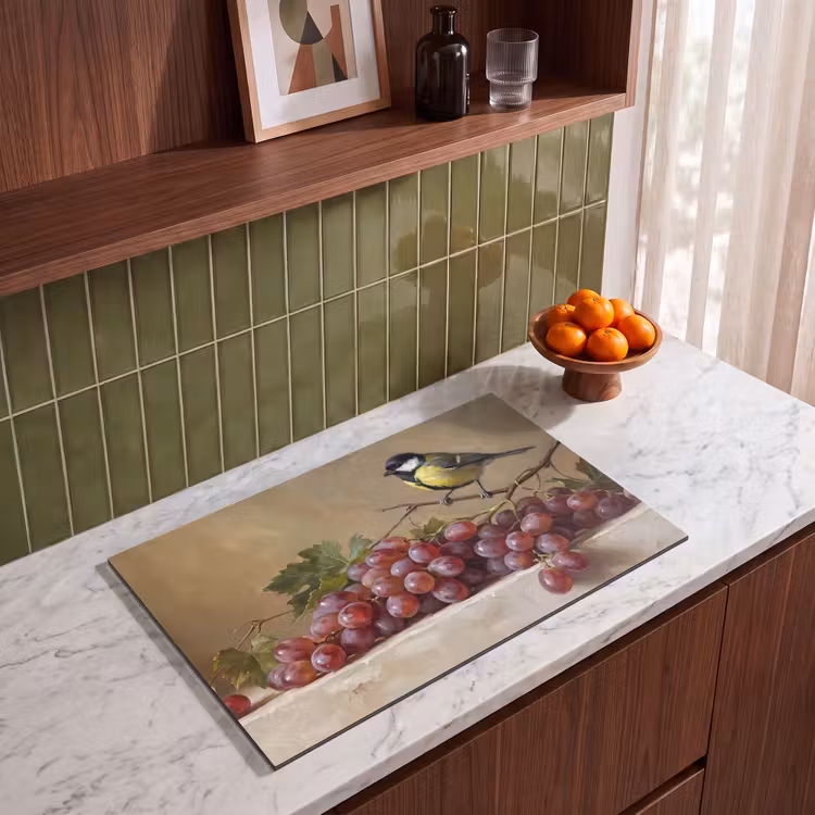 Induction Hob Cover - Bird - Grapes - Still Life - Vogel - Druiven - Stilleven Inductie beschermer vinyl 3mm klein