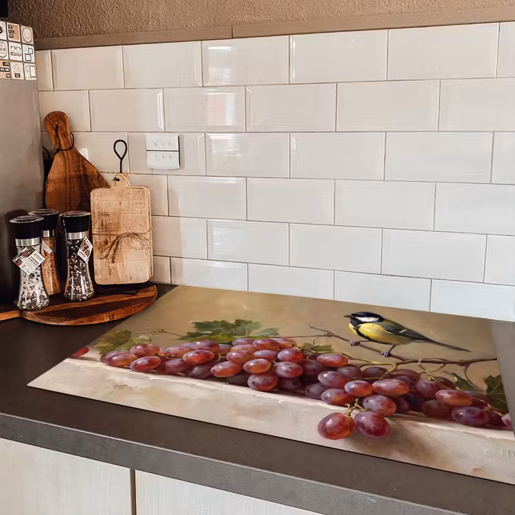 Induction Hob Cover - Bird - Grapes - Still Life - Vogel - Druiven - Stilleven Inductie beschermer vinyl 3mm klein