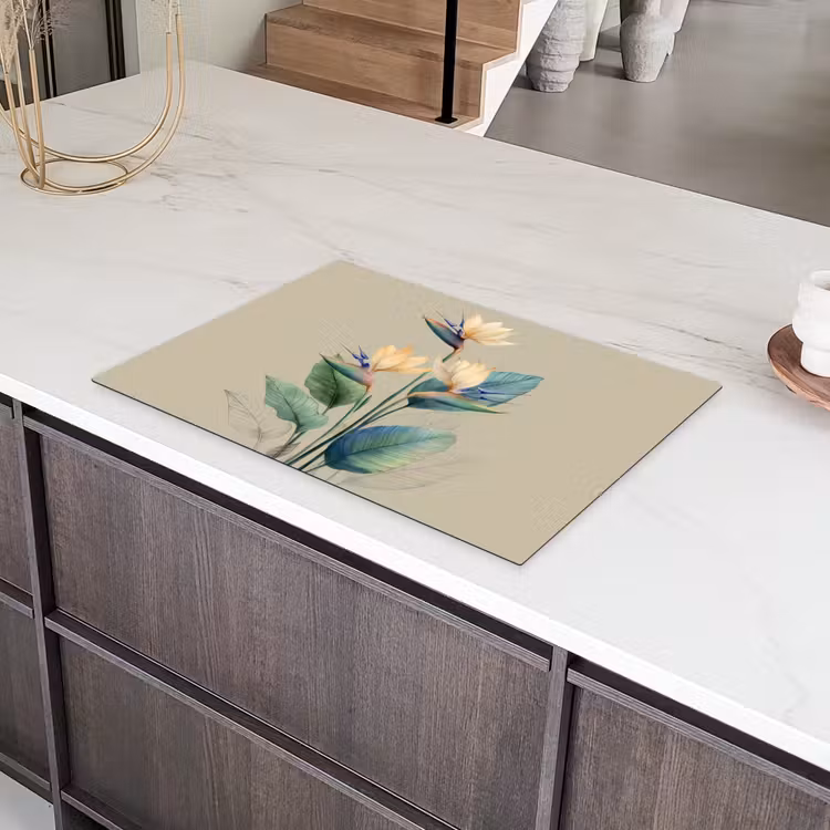 Paradijsvogelbloemen - Blauwgroene bladeren - Beige Inductie beschermer vinyl 3mm klein -sfeer8