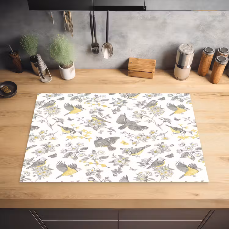 Birds - Flowers - Gray - Yellow Inductie beschermer vinyl 3mm klein 276 -sfeer5
