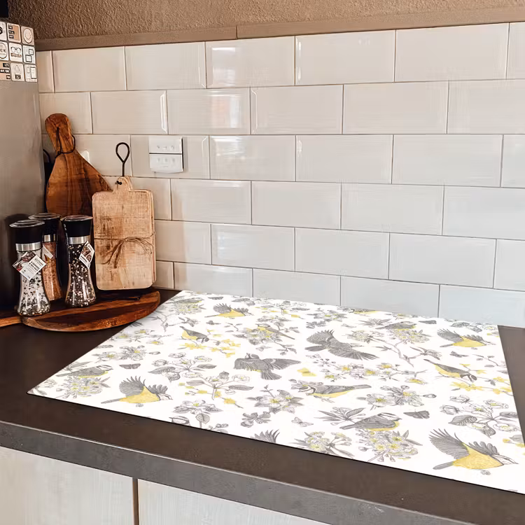 Birds - Flowers - Gray - Yellow Inductie beschermer vinyl 3mm klein 276 -sfeer3