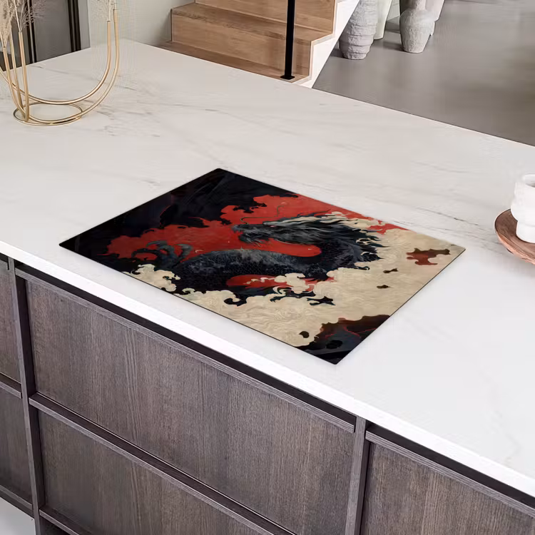 Zwarte draak - Rookwolken - Rood Inductie beschermer vinyl 3mm klein -sfeer8