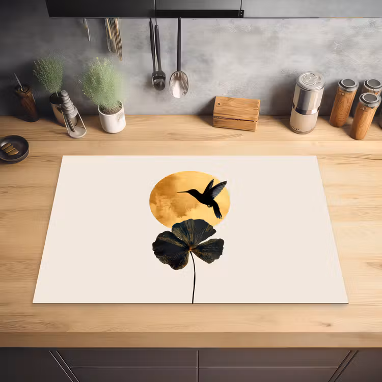 Zwarte kolibrie - Bloem - Gouden cirkel Inductie beschermer vinyl 3mm klein -sfeer5