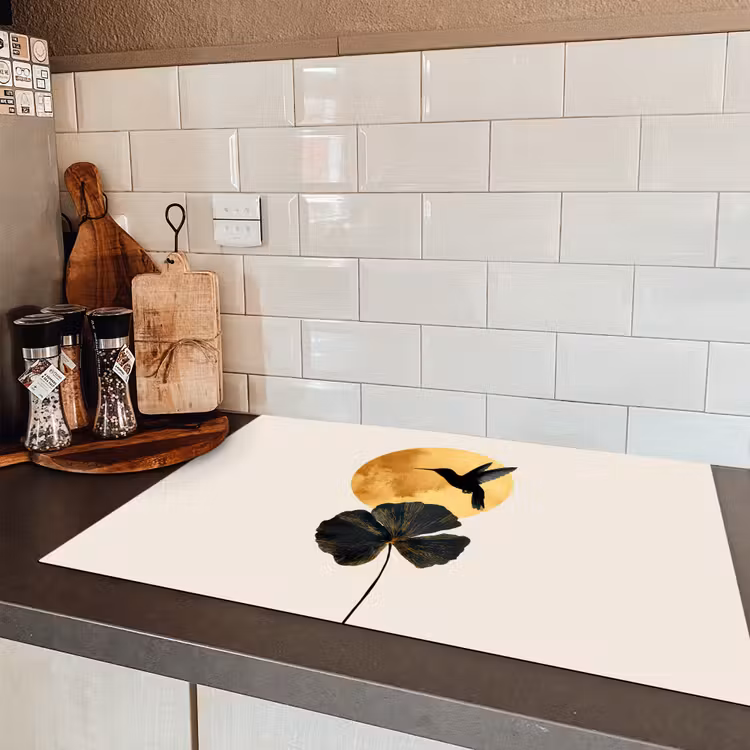 Zwarte kolibrie - Bloem - Gouden cirkel Inductie beschermer vinyl 3mm klein -sfeer3