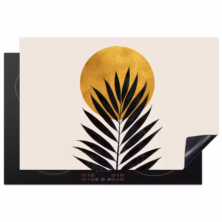 Zwart palmblad - Gouden cirkel - Beige achtergrond Inductie beschermer vinyl 3mm klein -3d