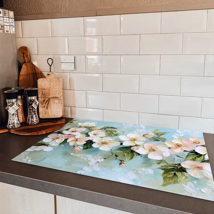 Bloesem - Bladeren - Lichtblauw Inductie beschermer vinyl 3mm klein -sfeer3