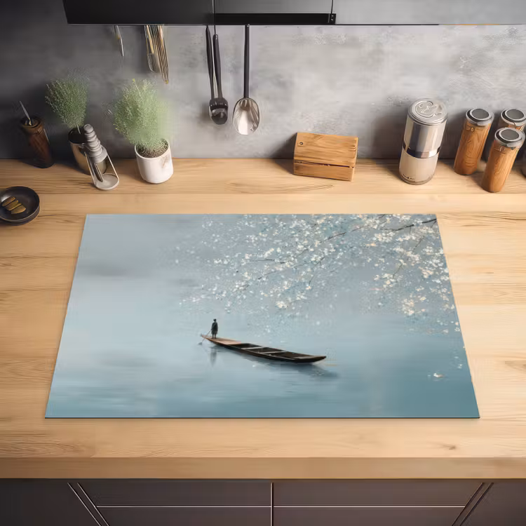 Bloesems - Minimalistisch - Wateroppervlak - Boot Inductie beschermer vinyl 3mm klein -sfeer5