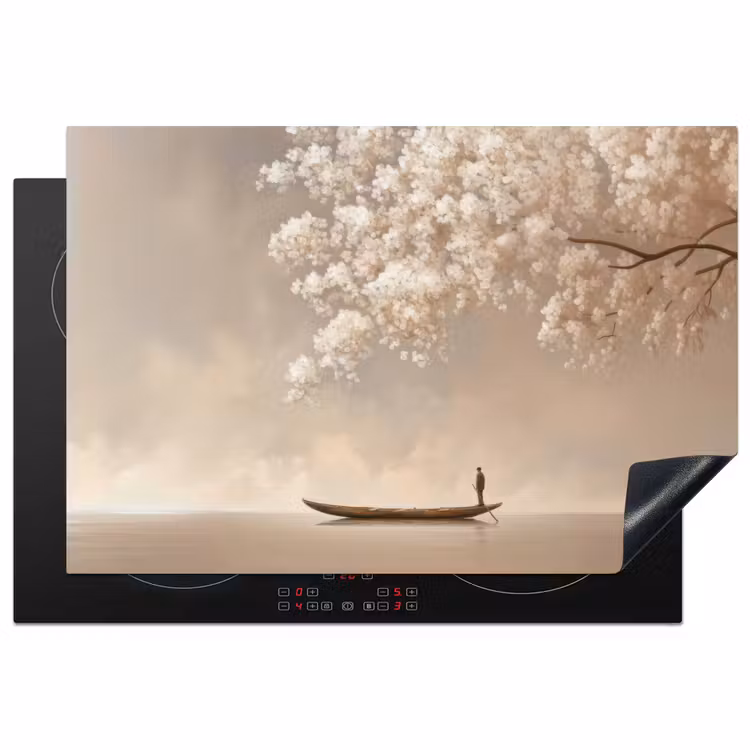 Bloesems - Wit - Boot - Minimalistisch Inductie beschermer vinyl 3mm klein -3d