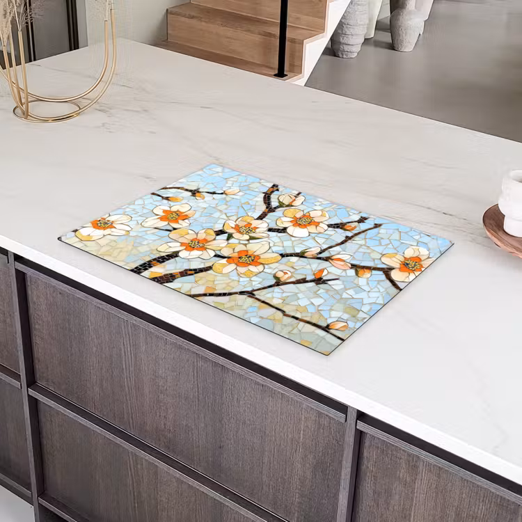 Bloesems - Wit - Mozaïek - Tak Inductie beschermer vinyl 3mm klein -sfeer8