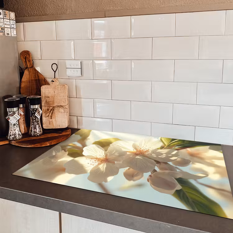 Bloesems - Wit - Zonnestralen - Bloemblaadjes Inductie beschermer vinyl 3mm klein -sfeer3