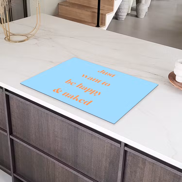 Blauw - Oranje - Just want to be happy & naked Inductie beschermer vinyl 3mm klein -sfeer8