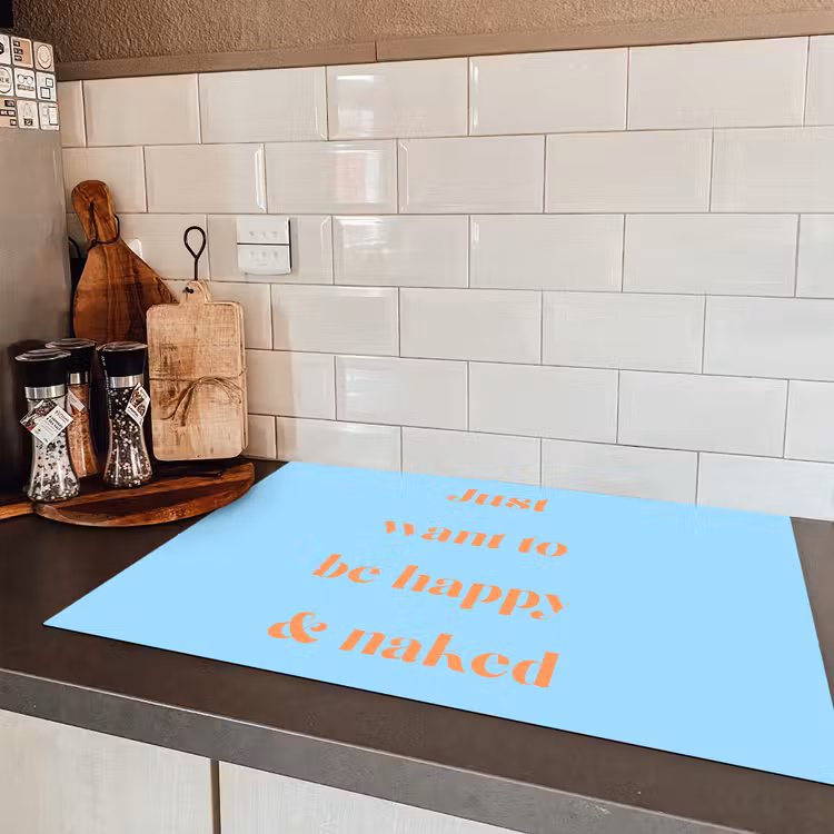 Blauw - Oranje - Just want to be happy & naked Inductie beschermer vinyl 3mm klein -sfeer3