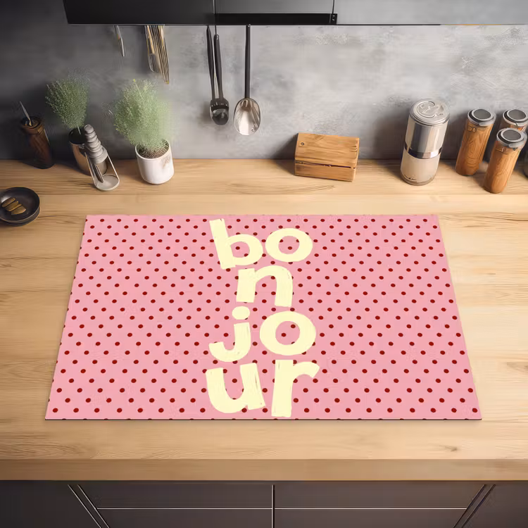 Bonjour - Stippen - Roze- Geel Inductie beschermer vinyl 3mm klein -sfeer5