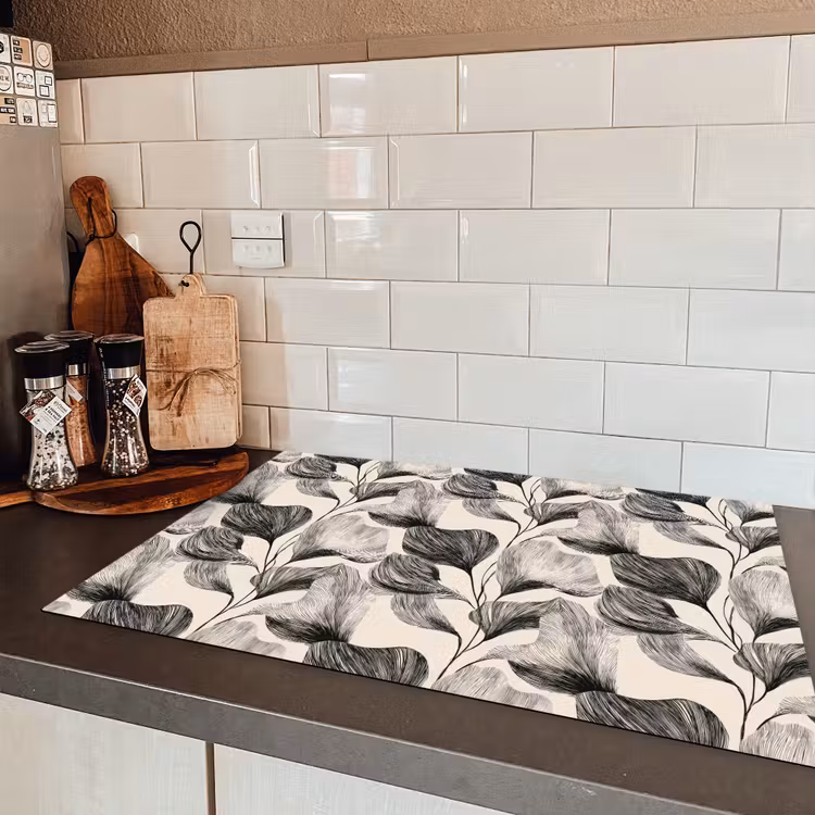 Botanisch - Bladeren - Zwart Inductie beschermer vinyl 3mm klein 276 -sfeer3