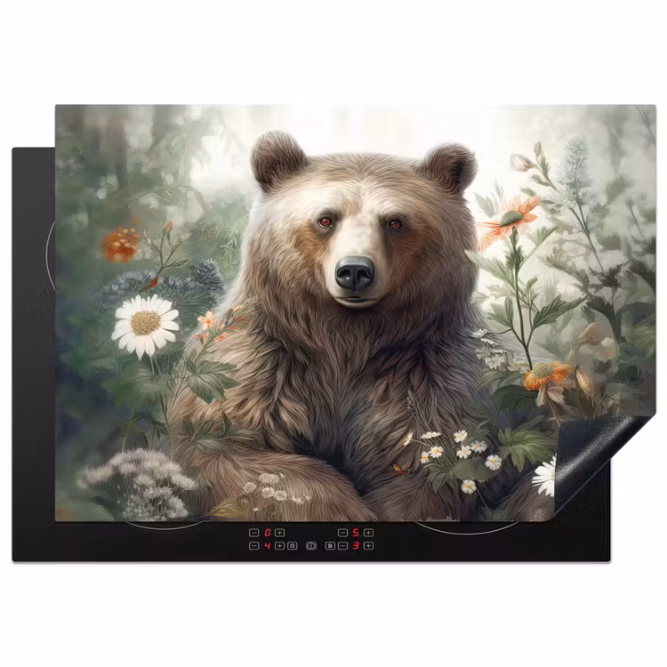Bruine beer - Wilde dieren - Bloemen - Planten Inductie beschermer vinyl 3mm middel -3d