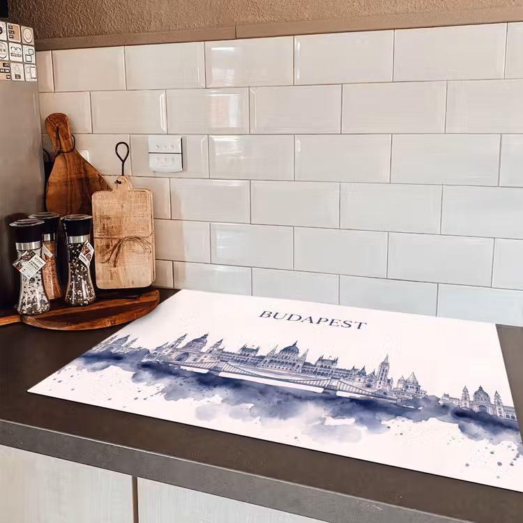 Boedapest - Skyline - Architectuur - Aquarel - Blauw Inductie beschermer vinyl 3mm klein -sfeer3