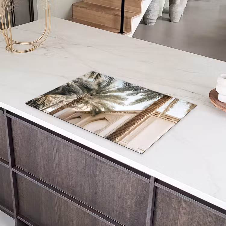 Gebouw - Palmbomen - Beige - Zon Inductie beschermer vinyl 3mm klein -sfeer8