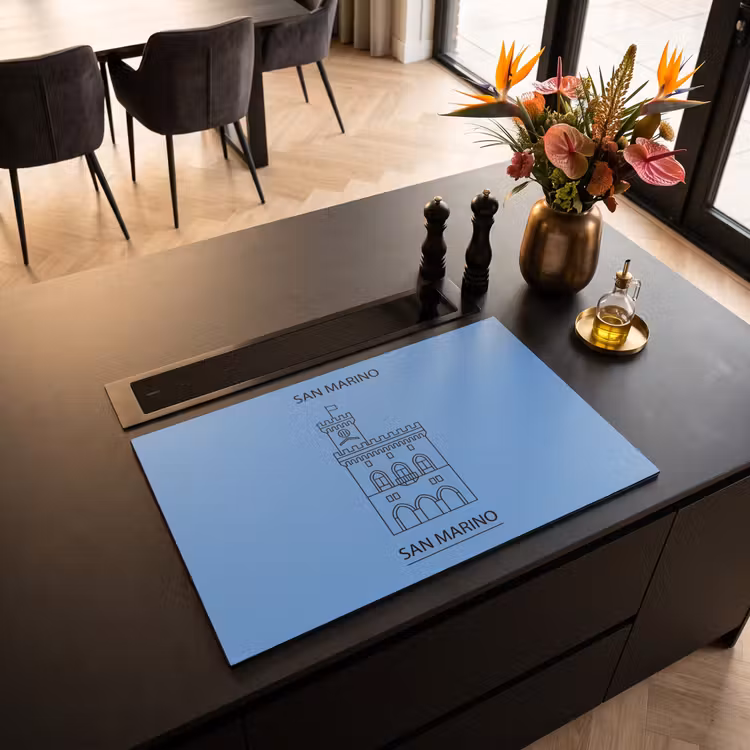 Gebouw - San Marino - Architectuur - Lijntekening - Blauw Inductie beschermer vinyl 3mm klein -sfeer5