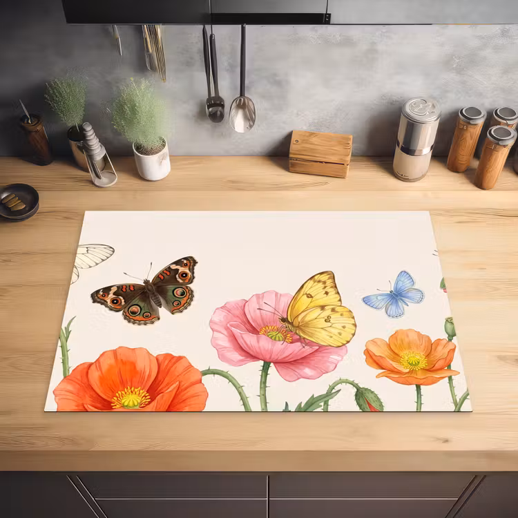 Vlinders - Klaprozen - Illustratie - Kleurrijk Inductie beschermer vinyl 3mm klein -sfeer5