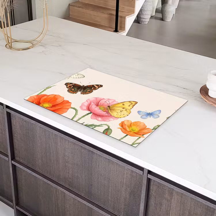 Vlinders - Klaprozen - Illustratie - Kleurrijk Inductie beschermer vinyl 3mm klein -sfeer8