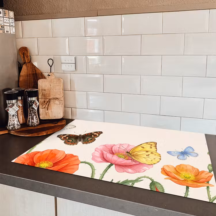 Vlinders - Klaprozen - Illustratie - Kleurrijk Inductie beschermer vinyl 3mm klein -sfeer3