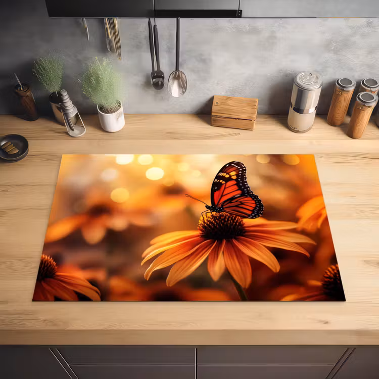 Vlinder - Bloemen - Oranje Inductie beschermer vinyl 3mm klein -sfeer5