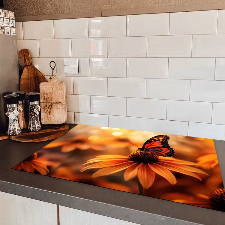 Vlinder - Bloemen - Oranje Inductie beschermer vinyl 3mm klein -sfeer3