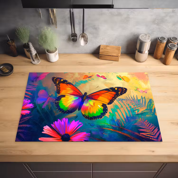Vlinder - Planten - Kleurrijk - Roze - Bloemen Inductie beschermer vinyl 3mm klein -sfeer5