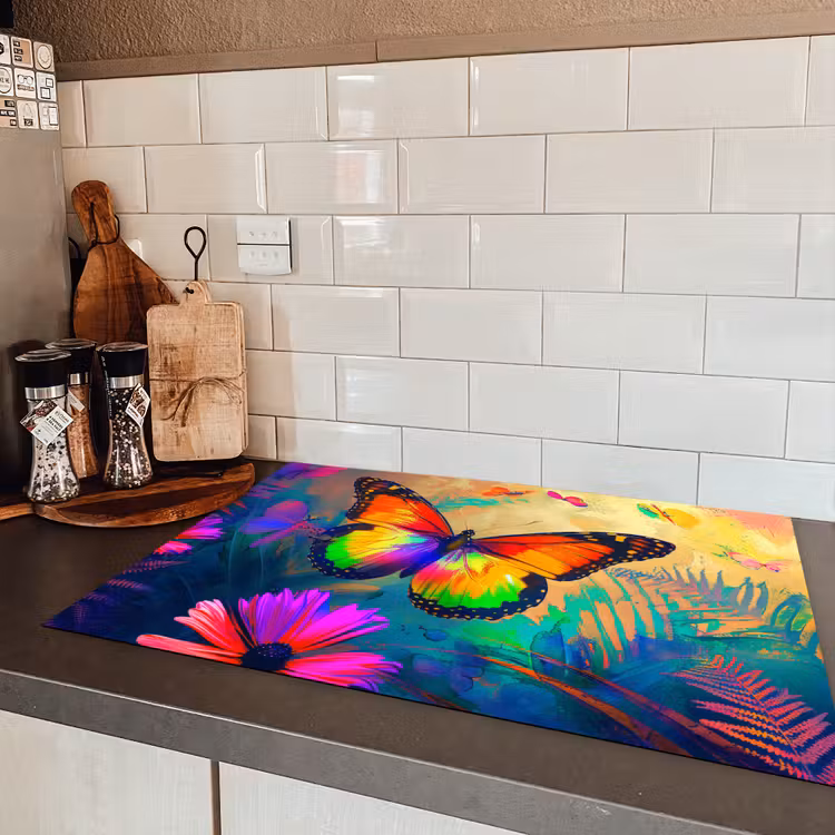 Vlinder - Planten - Kleurrijk - Roze - Bloemen Inductie beschermer vinyl 3mm klein -sfeer3