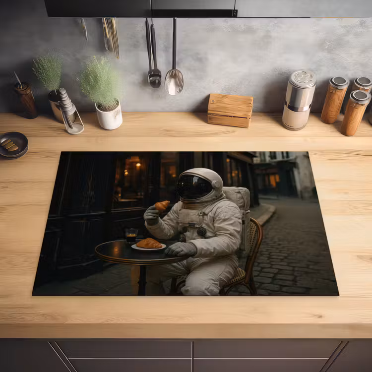Café - Croissant - Koffie - Astronaut Inductie beschermer vinyl 3mm klein -sfeer5
