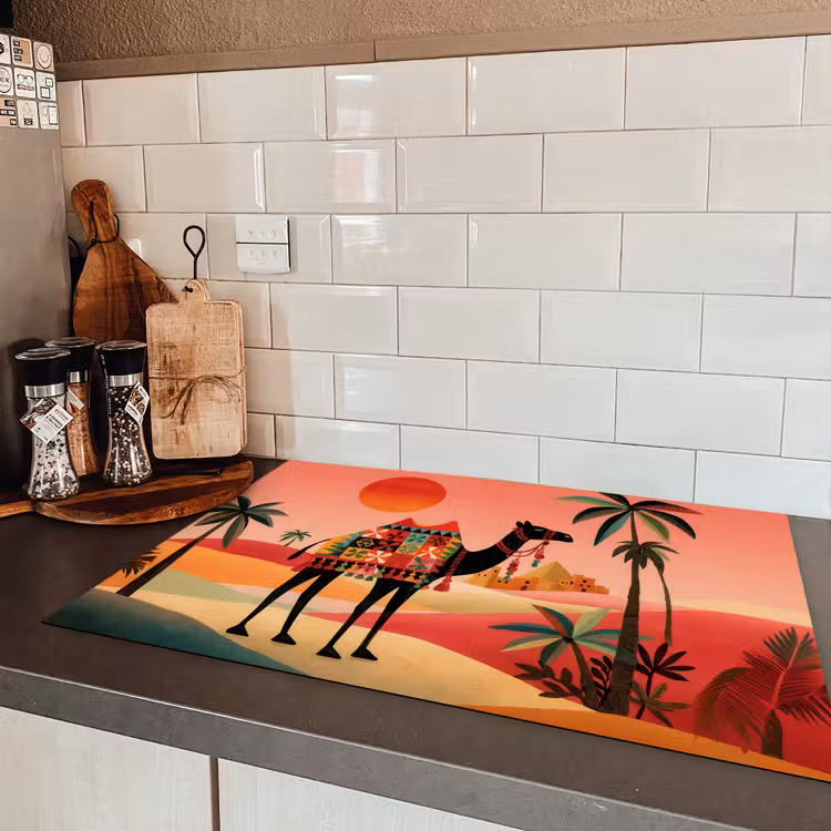 Kameel - Gekleurd tapijt - Duinen - Rode zon Inductie beschermer vinyl 3mm klein -sfeer3
