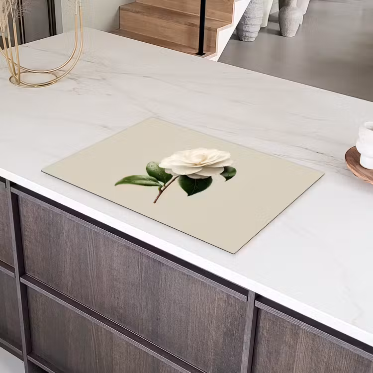 Cameliabloem - Wit - Groen Inductie beschermer vinyl 3mm klein -sfeer8
