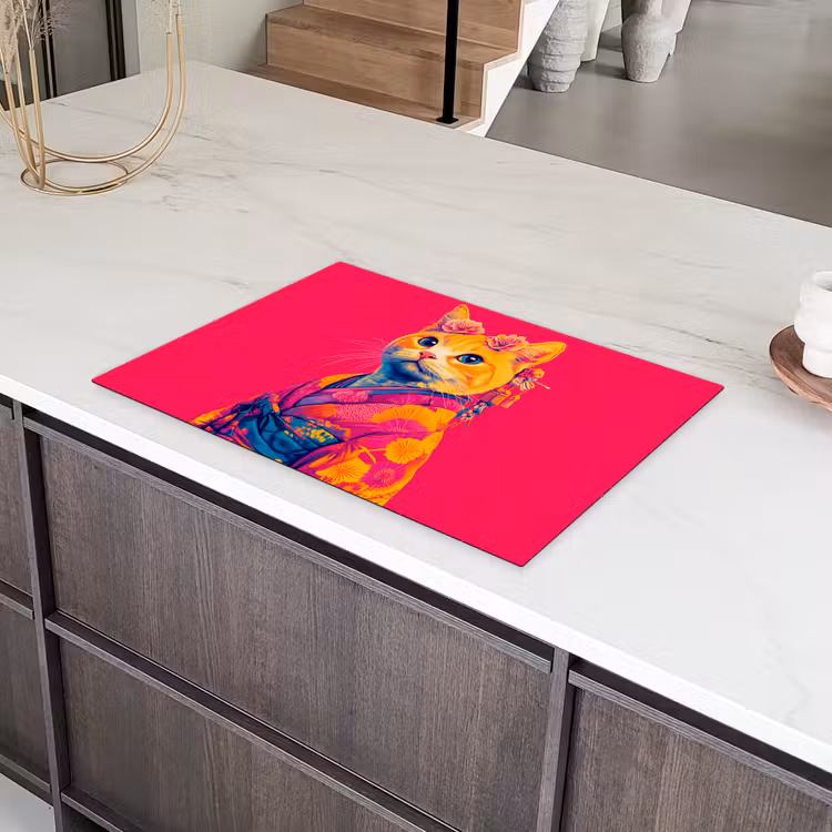 Kat - Kimono - Bloemen - Roze Inductie beschermer vinyl 3mm klein -sfeer8