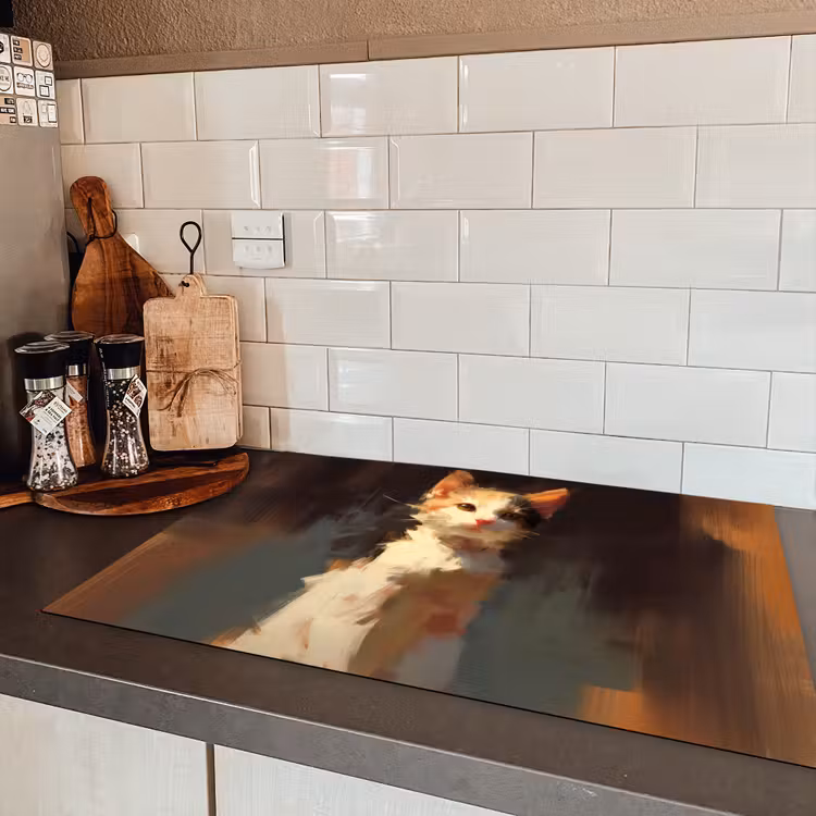 Kat - Geschilderd - Artistiek - Wit Inductie beschermer vinyl 3mm klein -sfeer3
