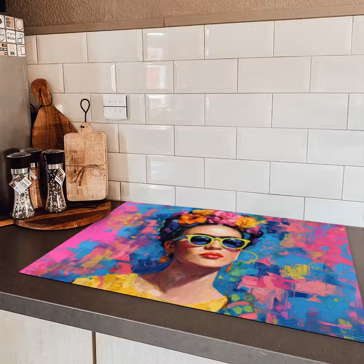 Vrolijk portret - Vrouw - Bloemenkroon Inductie beschermer vinyl 3mm klein -sfeer3