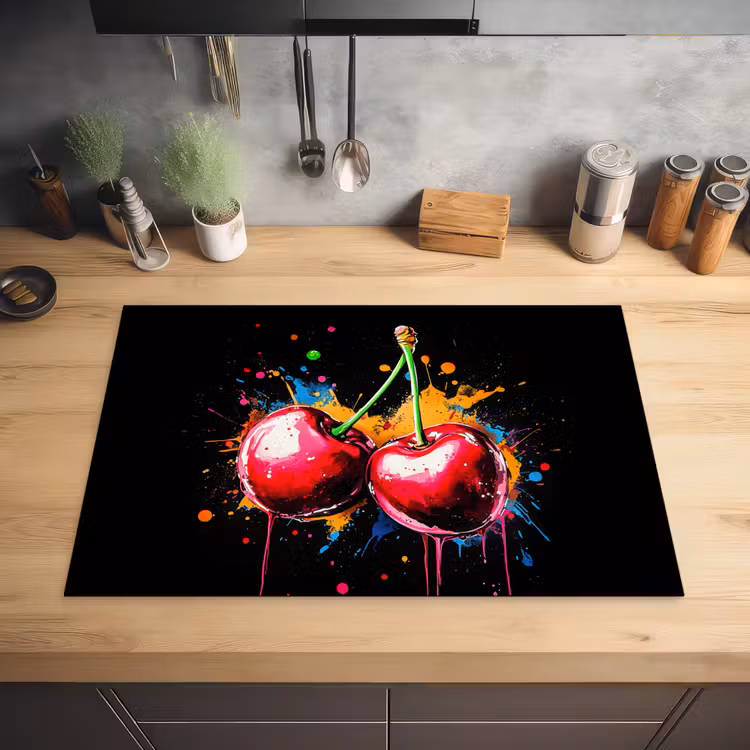 Kersen - Fruit - Graffiti - Verf - Abstract - Modern - Kleurrijk Inductie beschermer vinyl 3mm klein -sfeer5