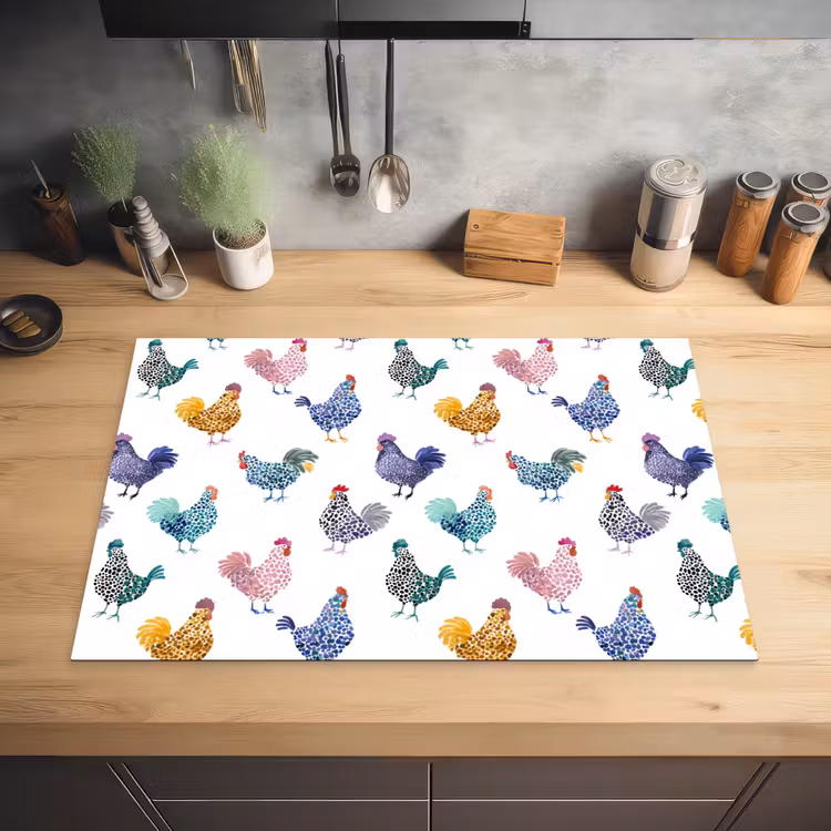 Kippen -Aquarel - Kleurrijk Inductie beschermer vinyl 3mm klein 276 -sfeer5