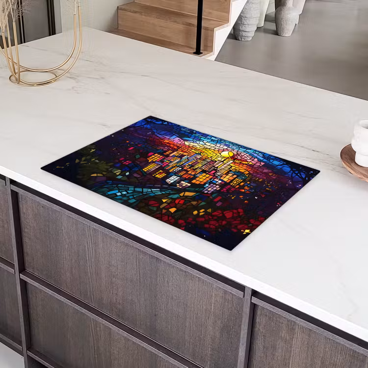 Stad - Maan - Mozaïek - Kleurrijk Inductie beschermer vinyl 3mm klein -sfeer8