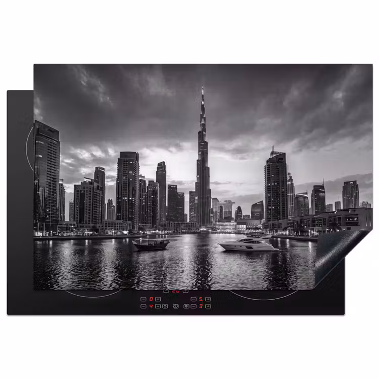 Stad - Skyline - Architectuur - Avond - Zwart-wit Inductie beschermer vinyl 3mm klein -3d