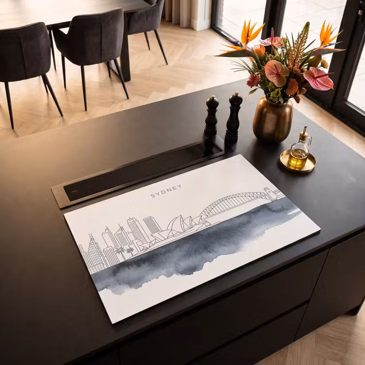 Stad - Skyline - Architectuur - Minimalistisch - Blauw Inductie beschermer vinyl 3mm klein -sfeer5