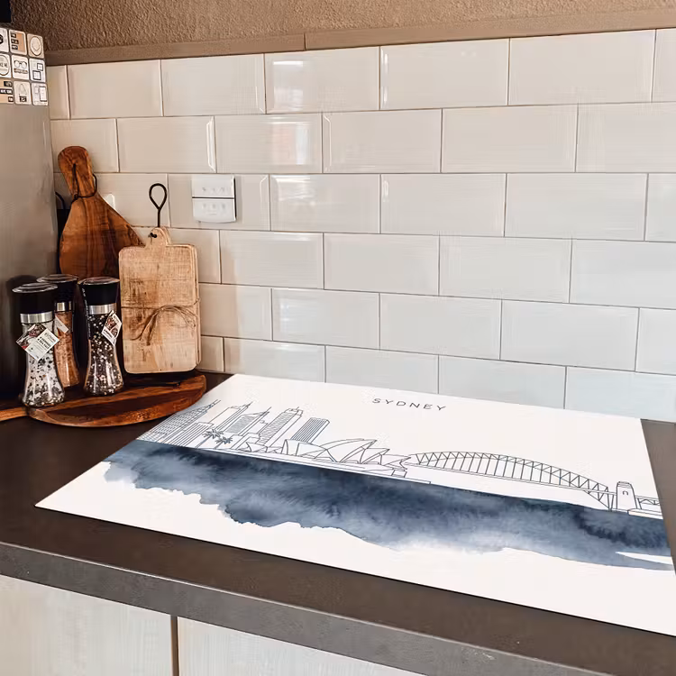 Stad - Skyline - Architectuur - Minimalistisch - Blauw Inductie beschermer vinyl 3mm klein -sfeer3