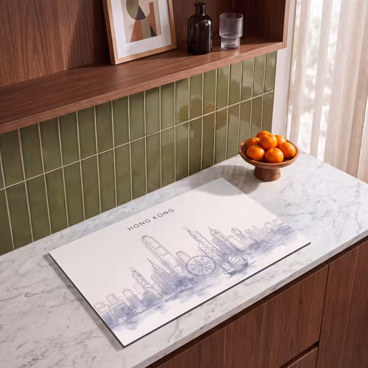 Stad - Skyline - Water - Lijntekening - Blauw Inductie beschermer vinyl 3mm klein -sfeer8