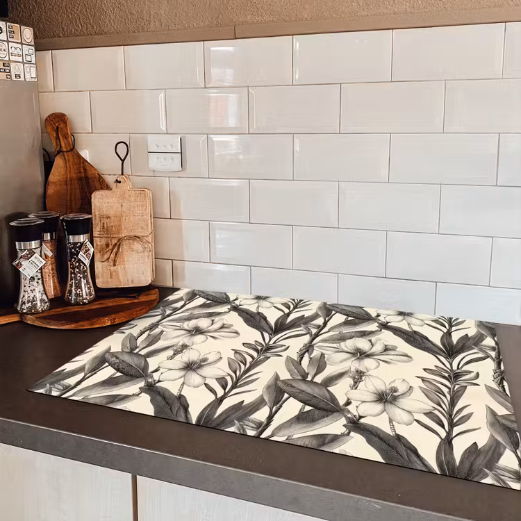 Klassiek - Botanisch - Zwart - Beige Inductie beschermer vinyl 3mm klein 276 -sfeer3