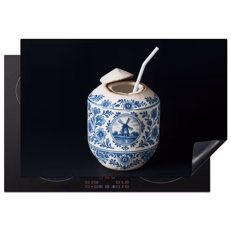 Kokosnoot - Eten - Delfts blauw - Drinken Inductie beschermer vinyl 3mm klein -3d