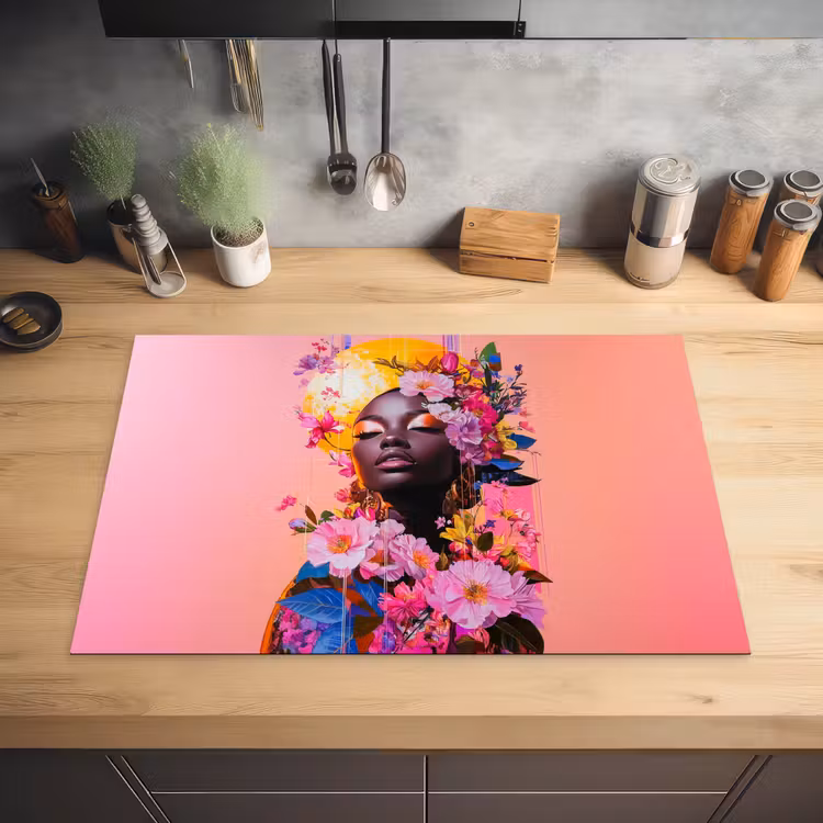 Kleurrijk - Bloemen - Vrouw - Zon Inductie beschermer vinyl 3mm klein -sfeer5