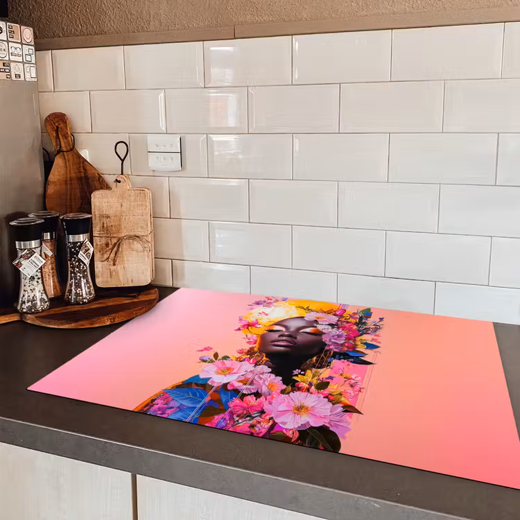 Kleurrijk - Bloemen - Vrouw - Zon Inductie beschermer vinyl 3mm klein -sfeer3