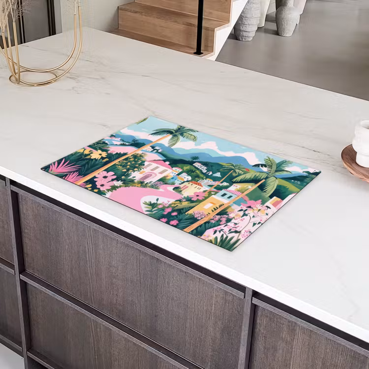 Kleurrijk - Huizen - Heuvels - Roze Inductie beschermer vinyl 3mm klein -sfeer8