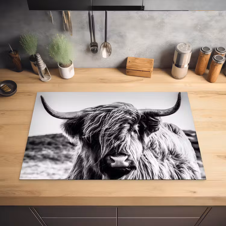 Koe - Schotse hooglander - Zwart - Wit - Dier - Natuur - Wild Inductie beschermer vinyl 3mm klein -sfeer5